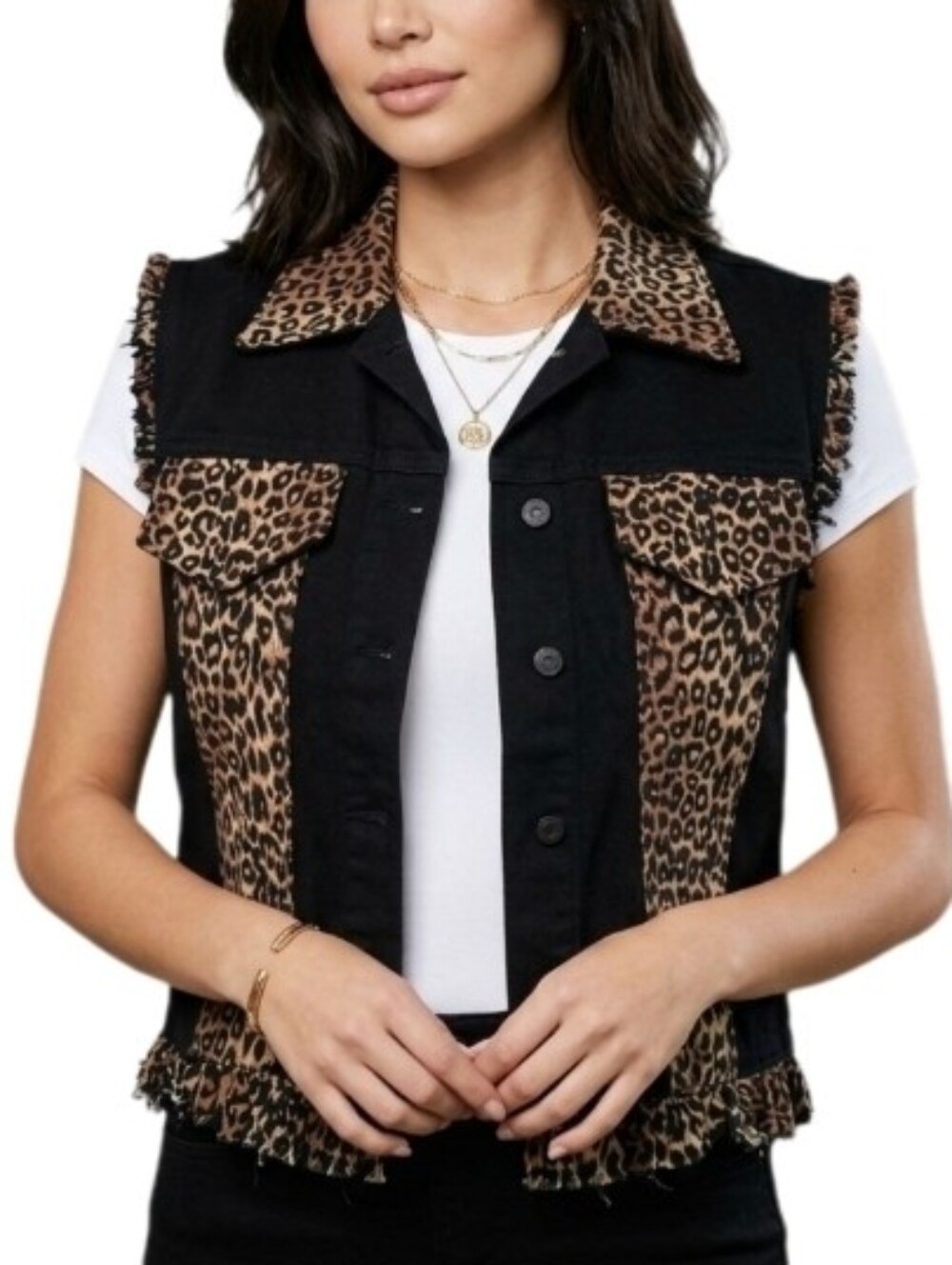 Denim Vest 100% Cotton Leopard Print Button Front Crop Vest Black Size S